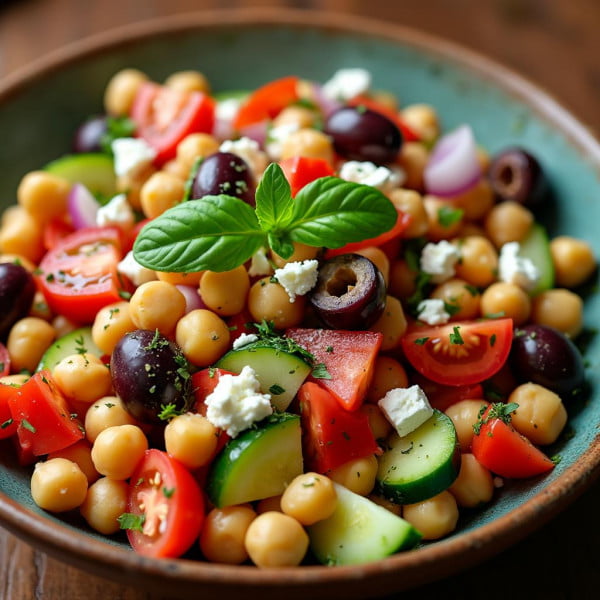 A vibrant Mediterranean chickpea salad featuring fresh ingredients like chickpeas, black olives, cucumber slices, cherry tomatoes, red onion, and crumbled feta cheese, garnished with a sprig of fresh basil.