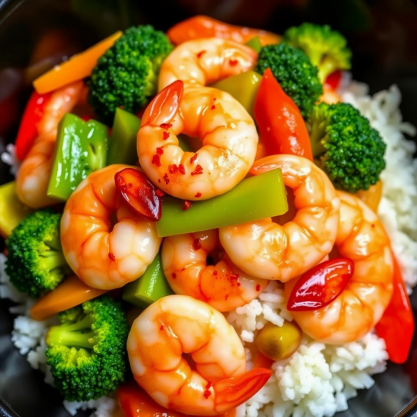 The image depicts a colorful Spicy Garlic Shrimp Stir-Fry served over white rice. It features plump shrimp with a glossy, slightly red hue from the chili or sauce, mixed with vibrant vegetables like broccoli, red and green bell peppers, and carrots. The dish looks appetizing, with a balance of bright colors and a hint of spiciness from the chili flakes or pieces on the shrimp.